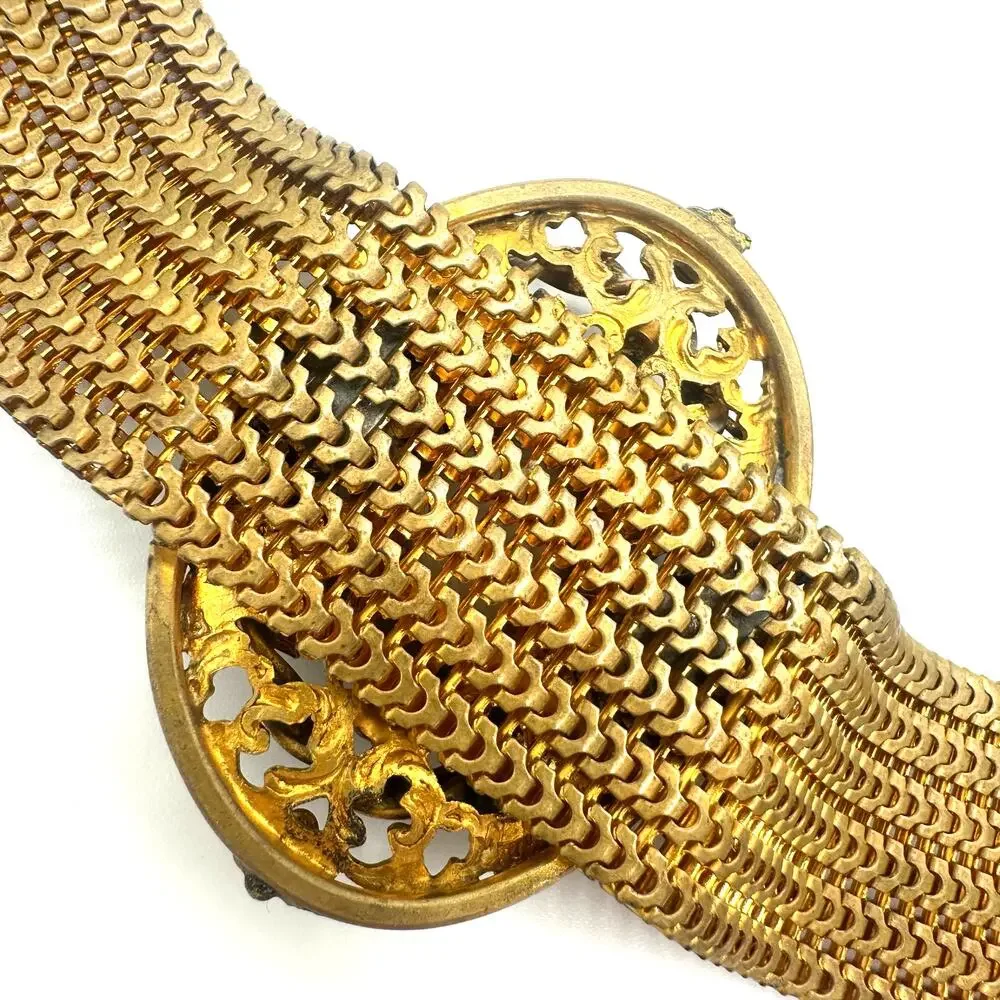 Vintage Victorian Revival gold tone hand painted portrait mesh bracelet